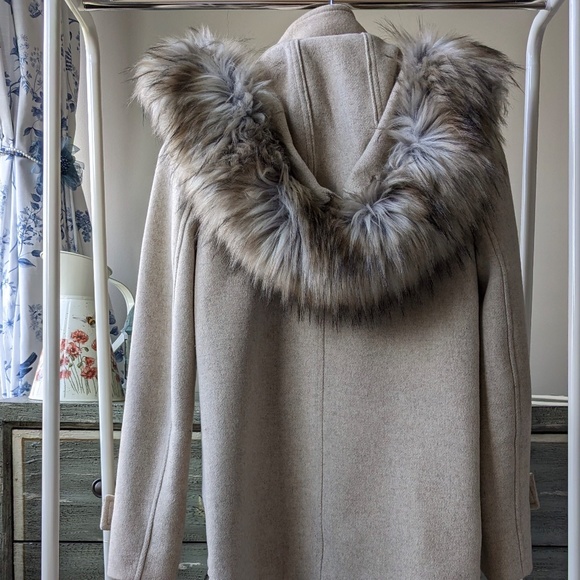 Zara Wool Blend Coat with Faux Fur Hood, Size Small - Picture 3 of 16